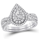 14kt White Gold Womens Pear Diamond Bridal Wedding Engagement Ring Band Set 1.00 Cttw (Certified)