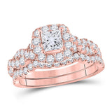 14kt Rose Gold Womens Princess Diamond Bridal Wedding Engagement Ring Band Set 1-1/2 Cttw