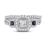 14kt White Gold Womens Princess Diamond Sapphire Engagement Ring Band Set 1.00 Cttw (Certified)