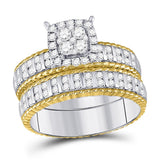 14kt Two-tone Gold His Hers Round Diamond Cluster Matching Bridal Wedding Ring Band Set 1.00 Cttw